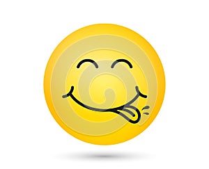 Yummy smiley emoticon with tongue lick mouth. Tasty food eating emoji face. Delicious cartoon background. Vector