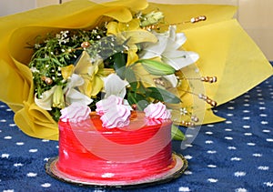 Yummy strawberry birthday cakes with lovely wrapped flower bouquet