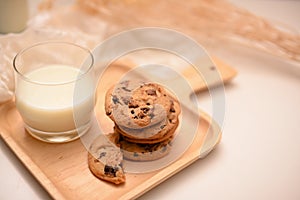 Yummy sweet breakfast set, Chocolate chip cookies with a glass of milk