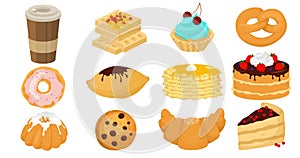 Yummy sweet dessert set, flat vector illustration. Pastry shop, confectionery and bakery.