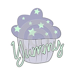 Yummy text, on cute cupcake with stars.