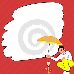 Yung man holding umbrella sitting and looking at rose. Save the flower from rain. Blank white space for text on colored