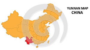 Yunnan province map highlighted on China map with detailed state and region outline