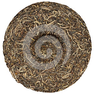 Yunnan rawsheng puerh tea with stone impress overhead view