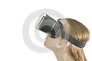 Yuong woman with glasses of virtual reality. White background