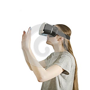Yuong woman with glasses of virtual reality. White background