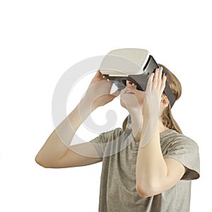 Yuong woman with glasses of virtual reality. White background