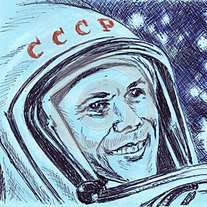 Yuri Gagarin is the first cosmonaut closeup portrait. Hand made sketch with ballpoint pen on paper texture. Isolated on blue.