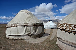 Yurt camp at Son-Kul last lake,Tian Shan mountains with beautiful traditional nomadic houses,Kyrgyzstan
