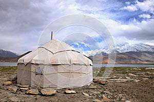 The yurt in front of Karakul Lake in Xinjiang Uighur Autonomous Region of China