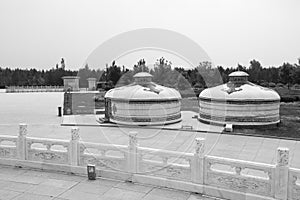 Yurt in genghis khan mausoleum, black and white image