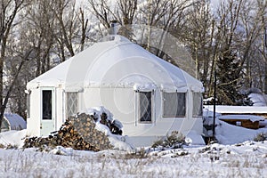 Yurt tiny house in town of Kelly in Jackson Hole Wyoming during photo