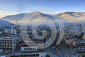 Aerial view of the city of YuShu at sunrise