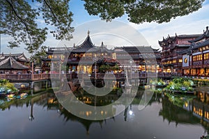 yuyuan park with old pavilion and old market in shanghai city