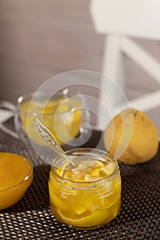 Yuzu tea made from yuzu jam and honey. Yuja-chhong is a marmalade made from yuzu zest, juice and honey. photo