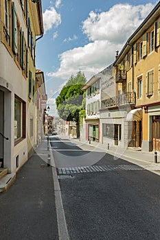 Yverdon-les-Bains, Switzerland - 26 June 2016: Quiet unhurried streets of a small Swiss town. Municipality in the district of Jura