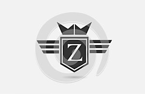 Z alphabet letter logo icon for company in black and white. Creative badge design with king crown wings and shield for business