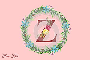 Z floral alphabet with watercolor flowers and leaf, Letter with plants and flowers. Floral botanical alphabet, Monogram initials