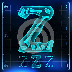 Z Letter Vector. Capital Digit. Roentgen X-ray Font Light Sign. Medical Radiology Neon Scan Effect. Alphabet. 3D Blue