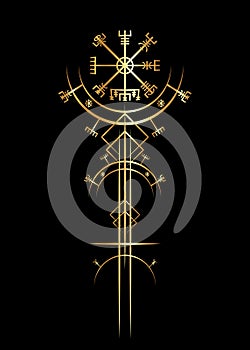 Magic gold ancient viking art deco, Vegvisir magic navigation compass ancient. The Vikings used many symbols sign photo