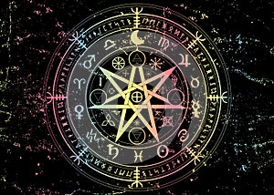 Wiccan symbol of protection. Old Mandala Witches runes, Mystic Wicca divination. Boho style Colorful Ancient occult symbols