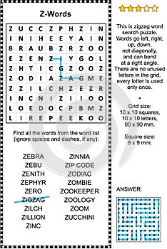 Z-Words themed word search puzzle