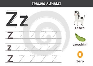 Z is for zebra, zero, zucchini. Tracing English alphabet worksheet.