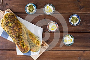 Za`atar bread, a lebanese or turkish or arabic bread made with sumac, sesame  seeds  olive oil served with labneh or labane on top