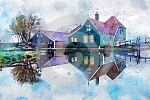 Zaanse Schans cheese factory watercolor