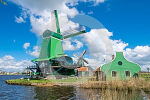 Zaanse Schans, Netherlands. Beautiful landscape with ancient win