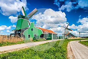 Zaanse Schans, Netherlands. Beautiful landscape with ancient win