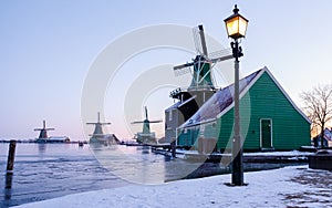 Zaanse Schans Netherlands a Dutch windmill village during sunset whit wooden house holland