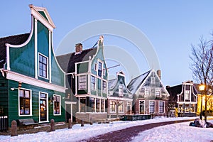 Zaanse Schans Netherlands a Dutch windmill village during sunset whit wooden house holland