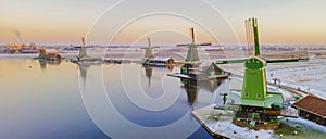 Zaanse Schans Netherlands a Dutch windmill village during sunset whit wooden house holland