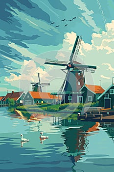 Zaanse Schans, Netherlands vertical poster, travel print with windmill looking at the water