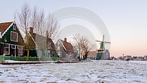 Zaanse Schans windmill village during winter with snow