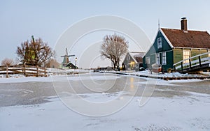 Zaanse Schans windmill village during winter with snow