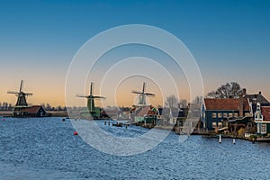 Zaanse Schans windmills and panorama of traditional Dutch houses