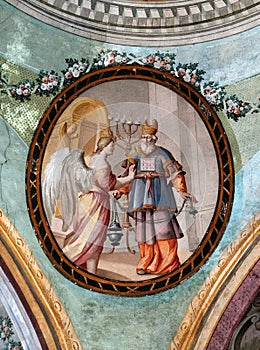 Zachariah with angel, fresco on the ceiling of the Saint John the Baptist church in Zagreb