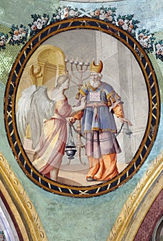 Zachariah with angel, fresco on the ceiling of the St John the Baptist church in Zagreb, Croatia