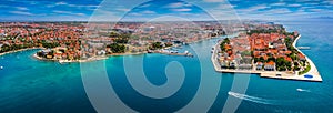Zadar, Croatia - Aerial panoramic view of the old town of Zadar by the Adriatic sea with motorboat, yacht harbor