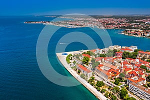 Zadar, Croatia - Aerial view of the old town of Zadar by the Adriatic sea with sea organ, yacht harbor and blue sky
