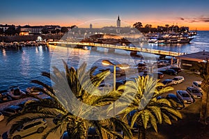 Zadar, Croatia - Aerial view of palm trees at the city of Zadar at golden sunset sky with illuminated City Bridge Gradski most