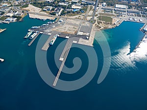 Zadar, Croatia - July 20, 2016: Aerial view of Jadrolinija ferry boats.