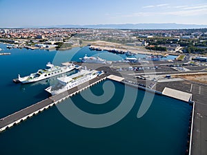 Zadar, Croatia - July 20, 2016: Aerial view of Jadrolinija ferry boats.