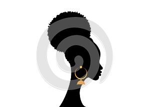 African American woman face profile. Logo women profile silhouette with fashion curly afro hair style concept isolated photo