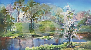 Zagare by the river in spring watercolor background