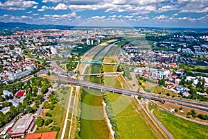 Zagreb. Aerial view of Sava river and city of Zagreb panorama