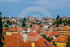Zagreb, Capital of Croatia aerial view - colorful rooftops and church towers...IMAGE