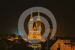 Zagreb Cathedral and St. Mary`s Church in the night from Upper town. Croatia